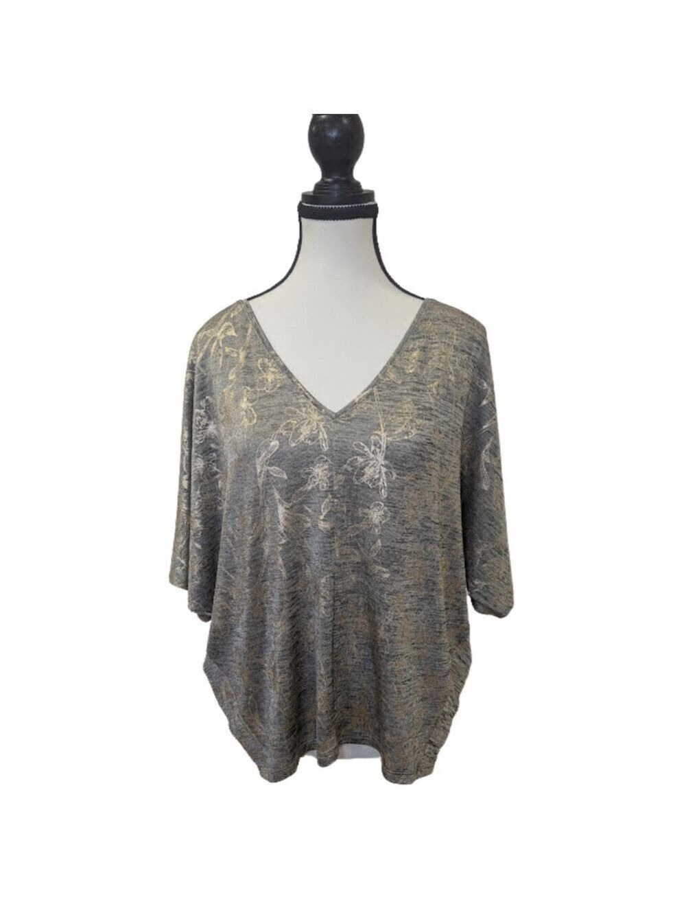 Metallic Foil Dolman Top | WHBM Gold Floral V-Neck Soft Knit Blouse M NWT